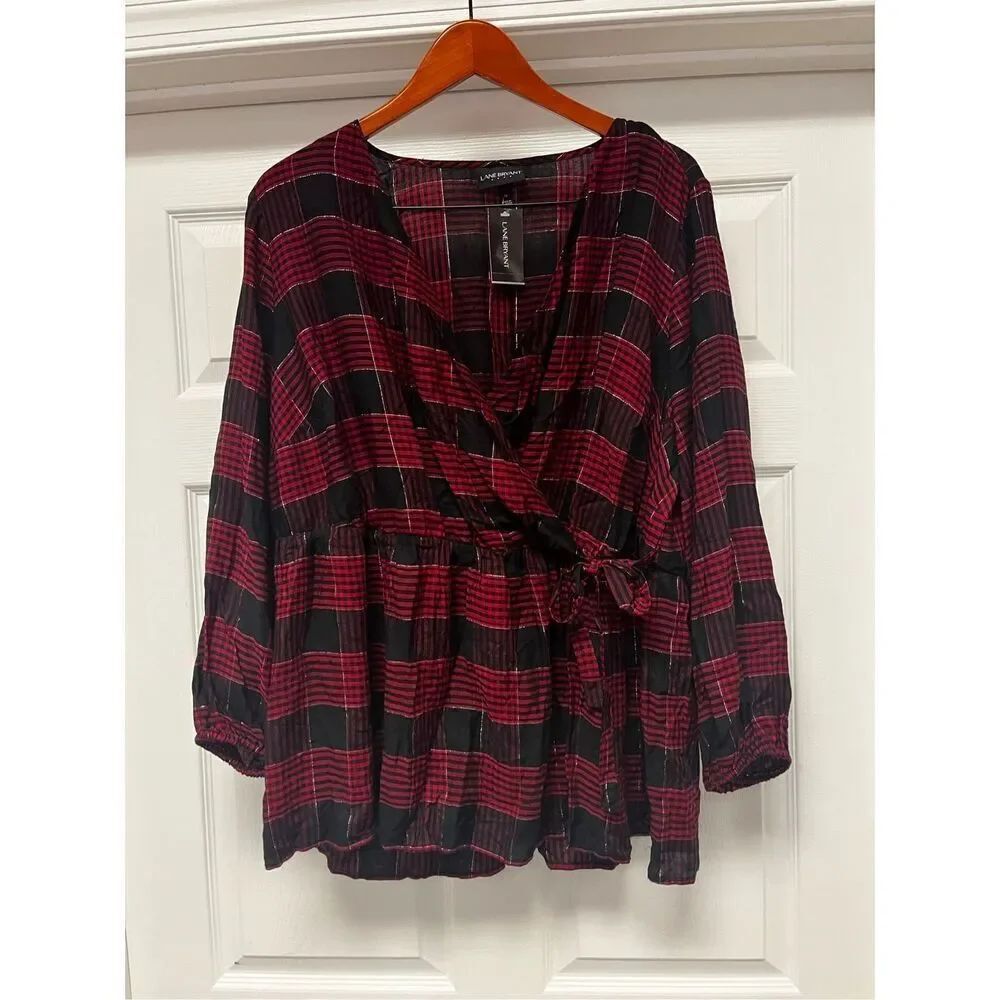 Lane Bryant Black Red Silver Plaid Wrap Peplum Blouse sz 16 Rayon NWT